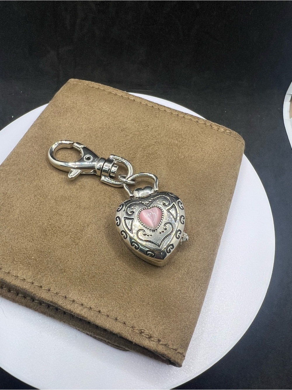 Silver Heart Keychain Charm with Pink Enamel Accent and Watch Locket